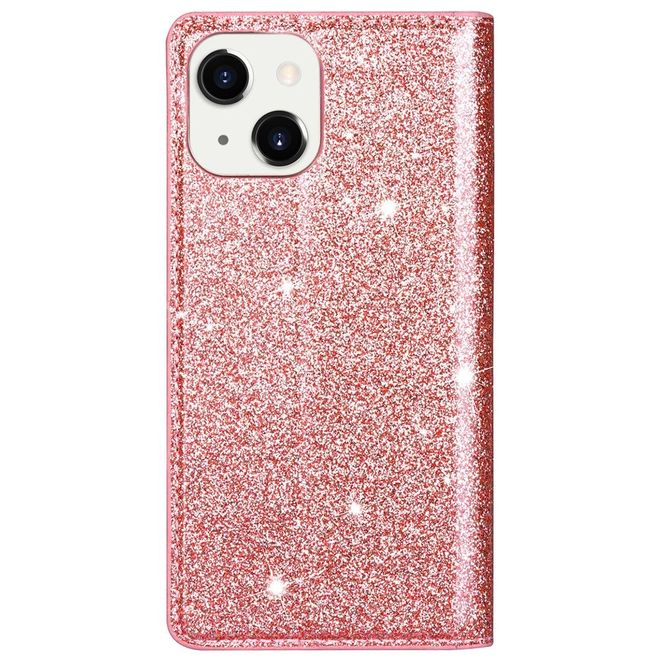 iPhone 14 Plus Case - Glittering Leather Book Cover - Glitter Sequins Stand Series - Rose Gold