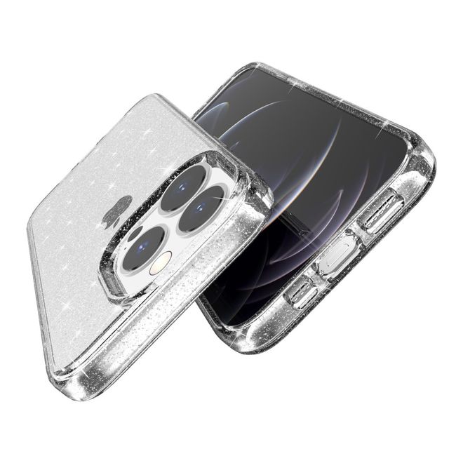 Coque pour iPhone 14 Pro Max - Coque rigide hybride avec bordure en TPU - Série TPU souple effet poudre pailletée - Blanche
