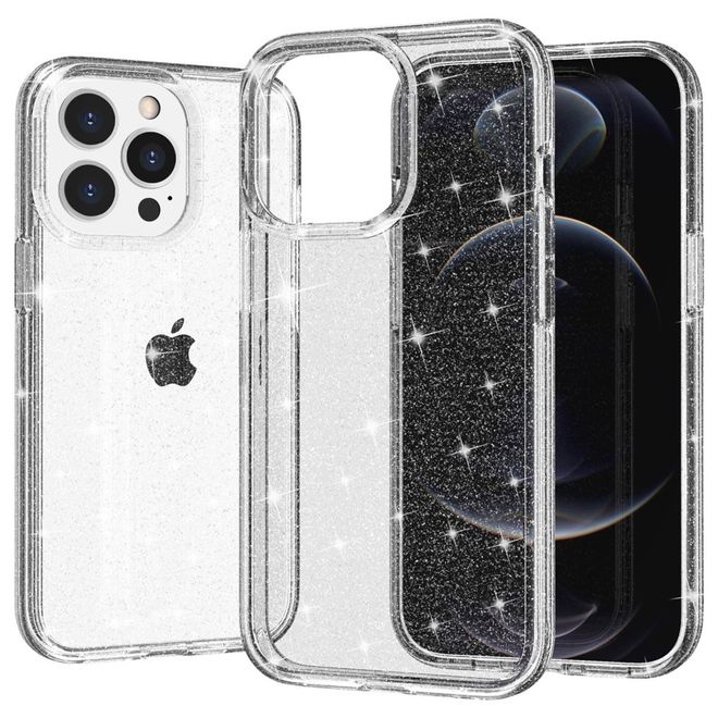 Coque pour iPhone 14 Pro Max - Coque rigide hybride avec bordure en TPU - Série TPU souple effet poudre pailletée - Blanche