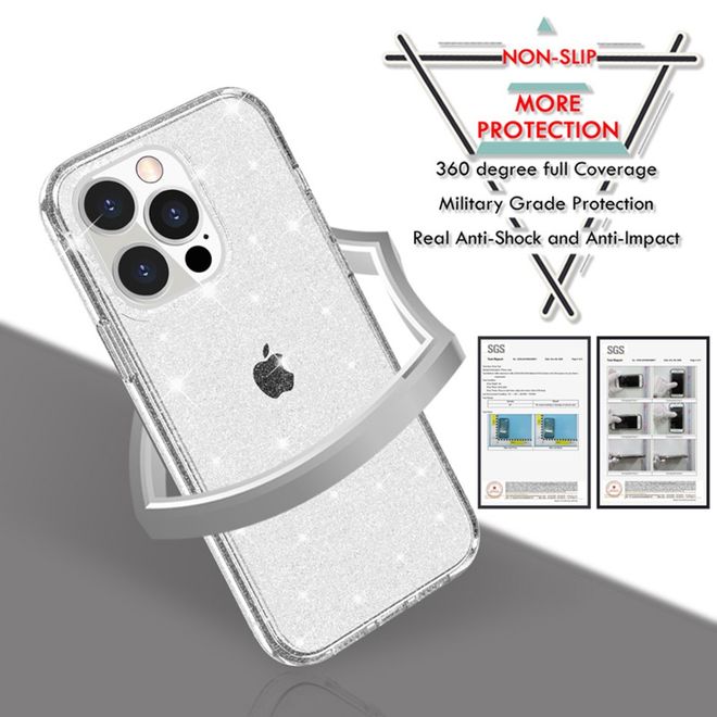 Coque pour iPhone 14 Pro Max - Coque rigide hybride avec bordure en TPU - Série TPU souple effet poudre pailletée - Blanche