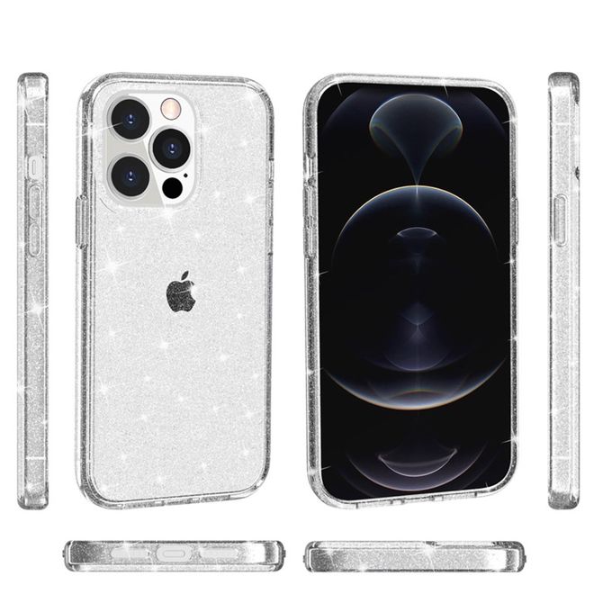 Coque pour iPhone 14 Pro Max - Coque rigide hybride avec bordure en TPU - Série TPU souple effet poudre pailletée - Blanche