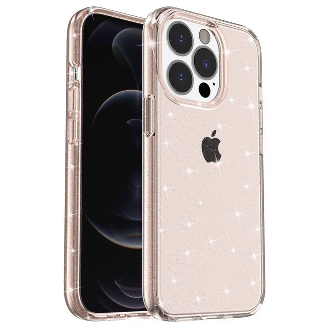Coque pour iPhone 14 Pro - Coque rigide hybride avec bord en TPU - Série TPU souple à effet pailleté - Or