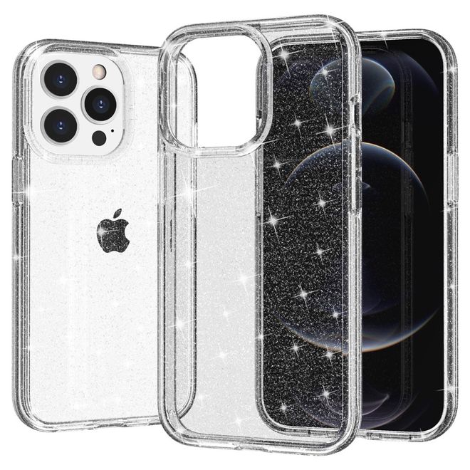 Coque pour iPhone 14 Pro - Coque rigide hybride avec bordure en TPU - Série TPU souple à effet pailleté - Blanche