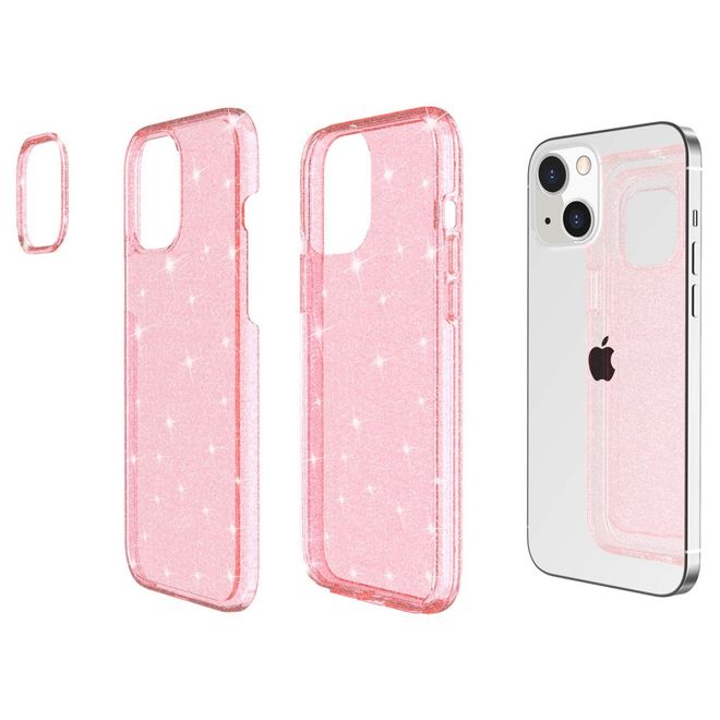 Coque pour iPhone 14 Plus - Coque rigide hybride avec bord en TPU - Série TPU souple à effet pailleté - Rose
