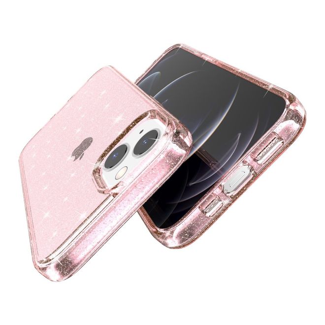 Coque pour iPhone 14 Plus - Coque rigide hybride avec bord en TPU - Série TPU souple à effet pailleté - Rose