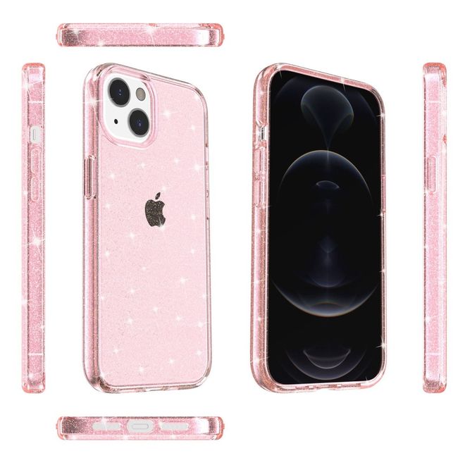 Coque pour iPhone 14 Plus - Coque rigide hybride avec bord en TPU - Série TPU souple à effet pailleté - Rose
