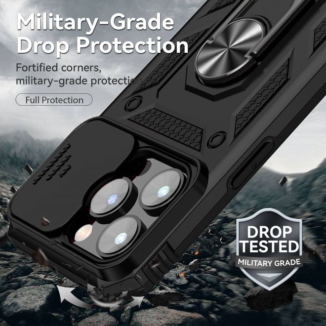 iPhone 14 Pro Max Phone Case - Robust Hard Case with Kickstand - Kickstand Slide Cam Series - Black
