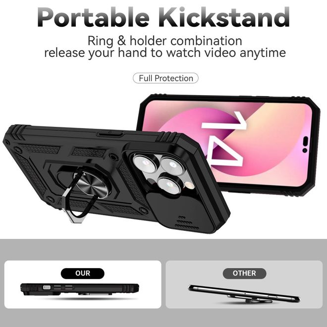 iPhone 14 Pro Max Phone Case - Robust Hard Case with Kickstand - Kickstand Slide Cam Series - Black