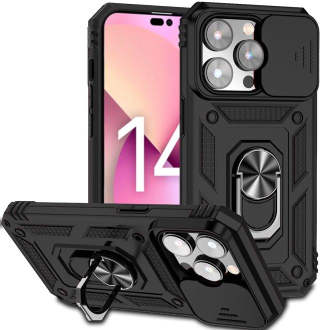 iPhone 14 Pro Phone Case - Robust Hard Case with Kickstand - Kickstand Slide Cam Series - Black
