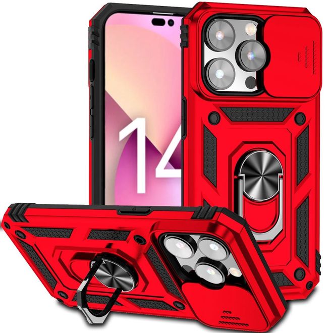 iPhone 14 Pro Handy Hülle - Robustes Hardcase mit Kickstand - Kickstand Slide Cam Series - rot