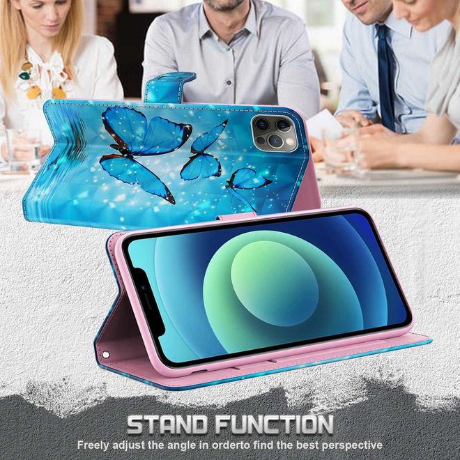 iPhone 14 Plus Handy Hülle - Leder Bookcover Image Series - blaue Schmetterlinge