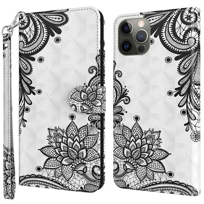 iPhone 14 Plus Phone Case - Leather Bookcover Image Series - Black Flowers