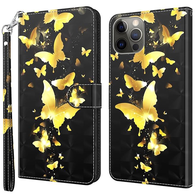 iPhone 14 Pro Max Phone Case - Leather Book Cover Image Series - Golden Butterfly
