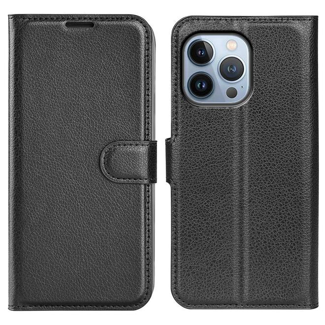 Étui pour iPhone 14 Pro Max - Collection Litchi Leather Bookcover - Noir