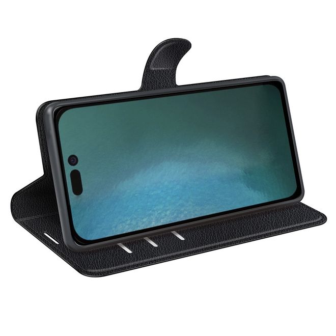 Étui pour iPhone 14 Pro Max - Collection Litchi Leather Bookcover - Noir