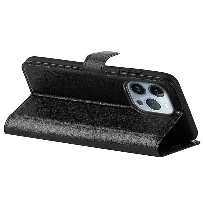 Étui pour iPhone 14 Pro Max - Collection Litchi Leather Bookcover - Noir