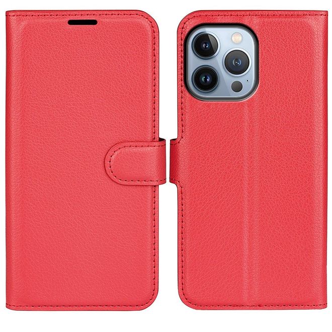 iPhone 14 Pro Max Phone Case - Litchi Leather Bookcover Series - Red