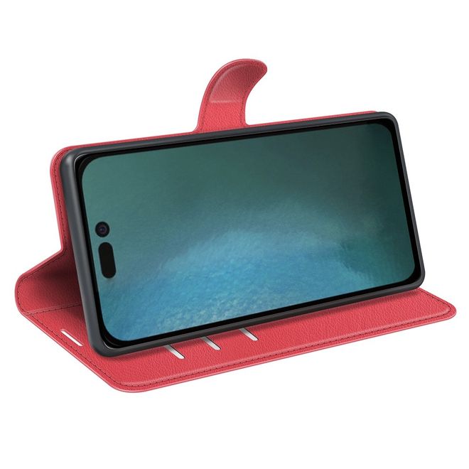 iPhone 14 Pro Max Phone Case - Litchi Leather Bookcover Series - Red