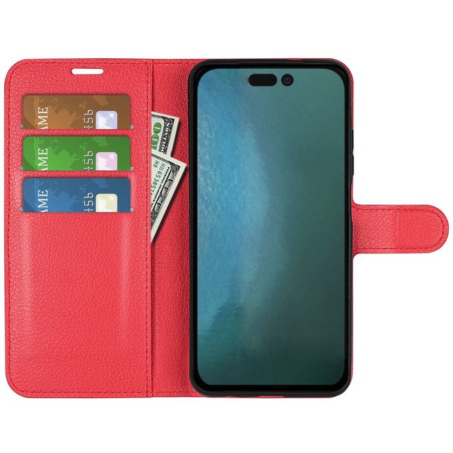iPhone 14 Pro Max Phone Case - Litchi Leather Bookcover Series - Red