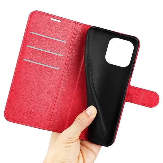 iPhone 14 Pro Max Phone Case - Litchi Leather Bookcover Series - Red