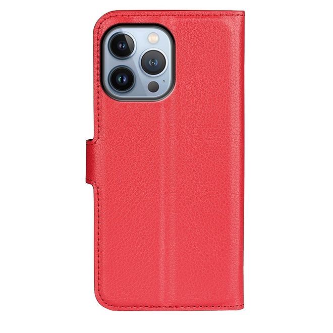 iPhone 14 Pro Max Phone Case - Litchi Leather Bookcover Series - Red