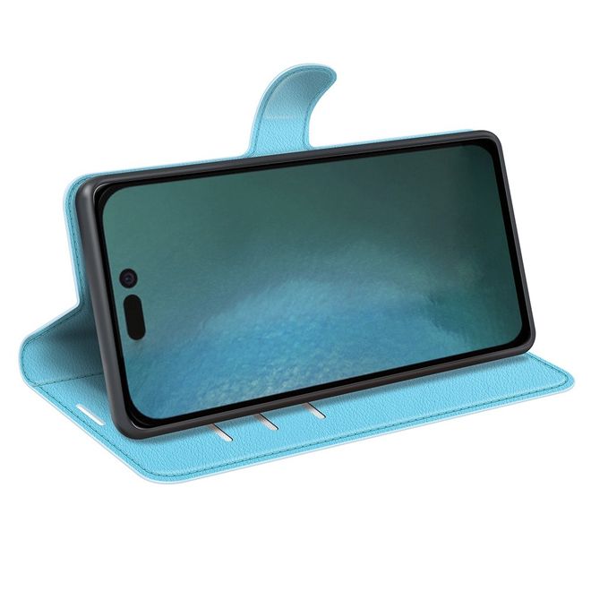 iPhone 14 Pro Max Handy Hülle - Litchi Leder Bookcover Series - blau