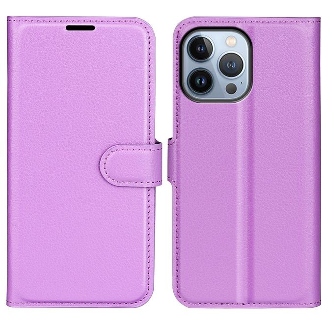iPhone 14 Pro Max Handy Hülle - Litchi Leder Bookcover Series - purpur