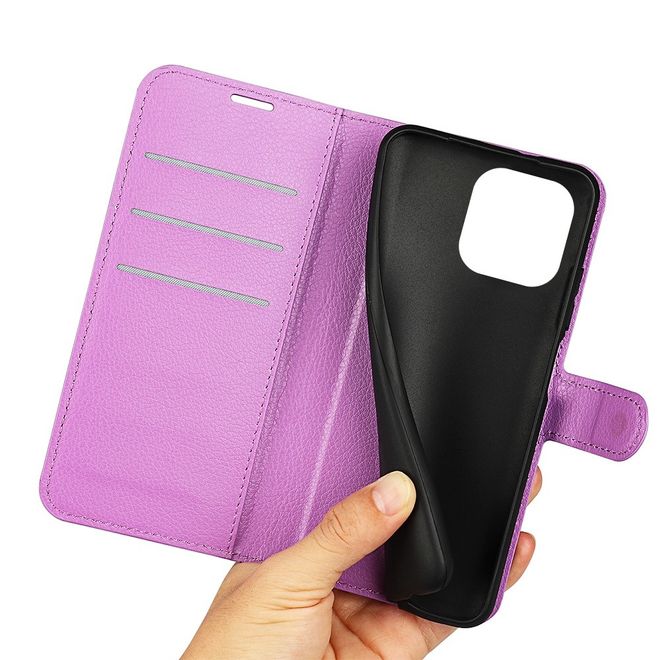 iPhone 14 Pro Max Handy Hülle - Litchi Leder Bookcover Series - purpur