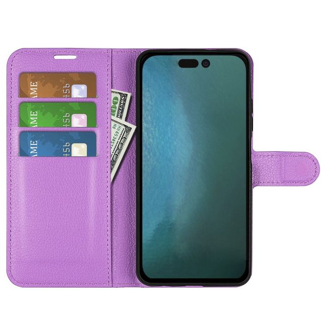 iPhone 14 Pro Max Handy Hülle - Litchi Leder Bookcover Series - purpur