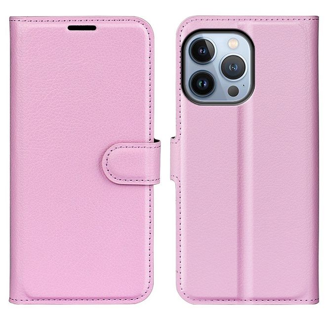 iPhone 14 Pro Handy Hülle - Litchi Leder Bookcover Series - rosa