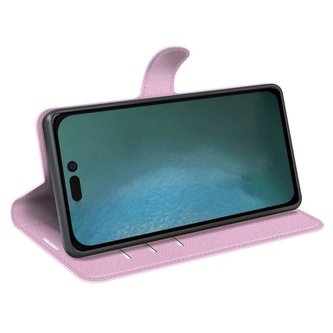 iPhone 14 Pro Handy Hülle - Litchi Leder Bookcover Series - rosa