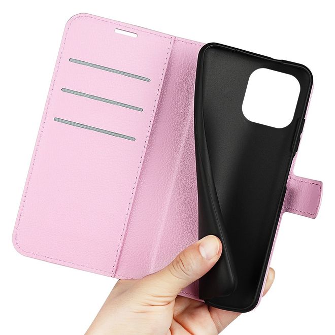 iPhone 14 Pro Handy Hülle - Litchi Leder Bookcover Series - rosa