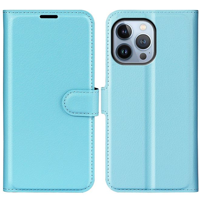 iPhone 14 Pro Handy Hülle - Litchi Leder Bookcover Series - blau