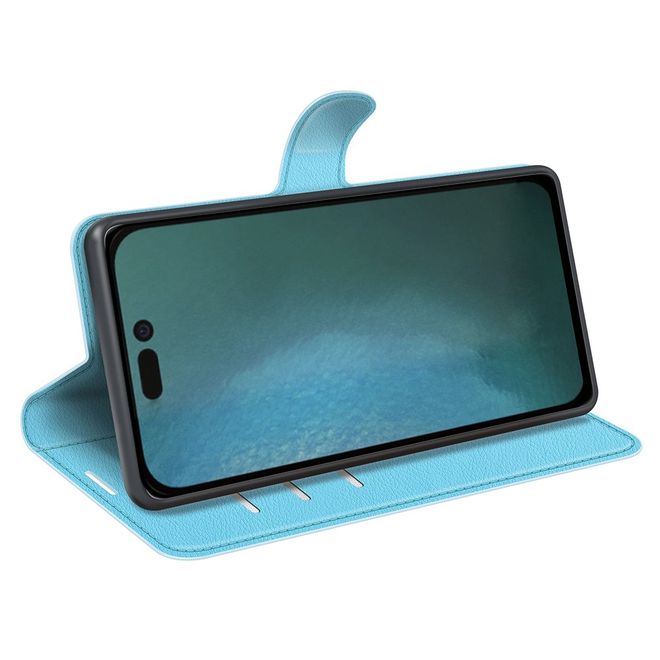 iPhone 14 Pro Handy Hülle - Litchi Leder Bookcover Series - blau