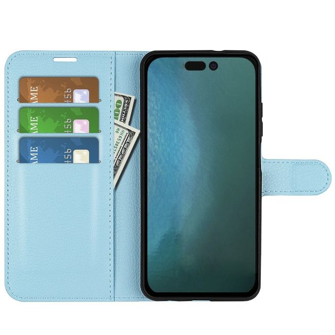 iPhone 14 Pro Handy Hülle - Litchi Leder Bookcover Series - blau