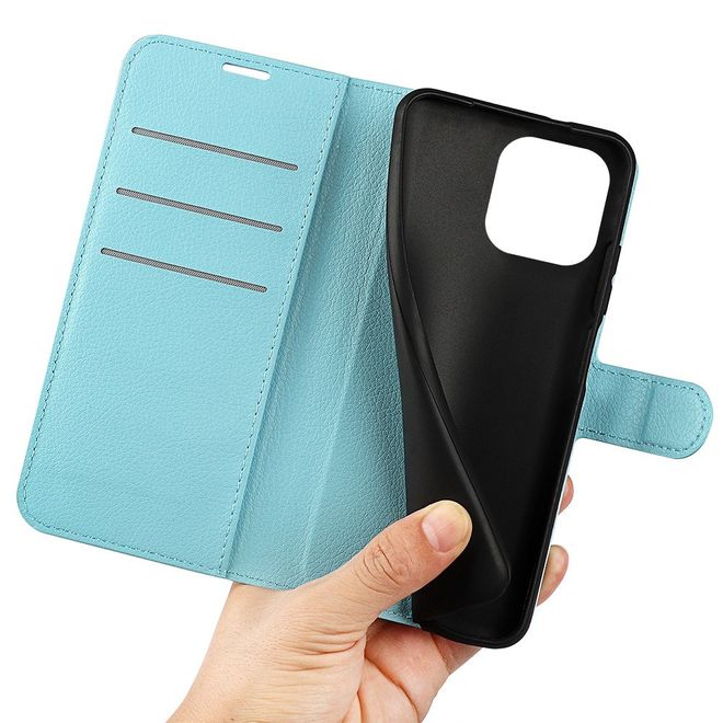 iPhone 14 Pro Handy Hülle - Litchi Leder Bookcover Series - blau