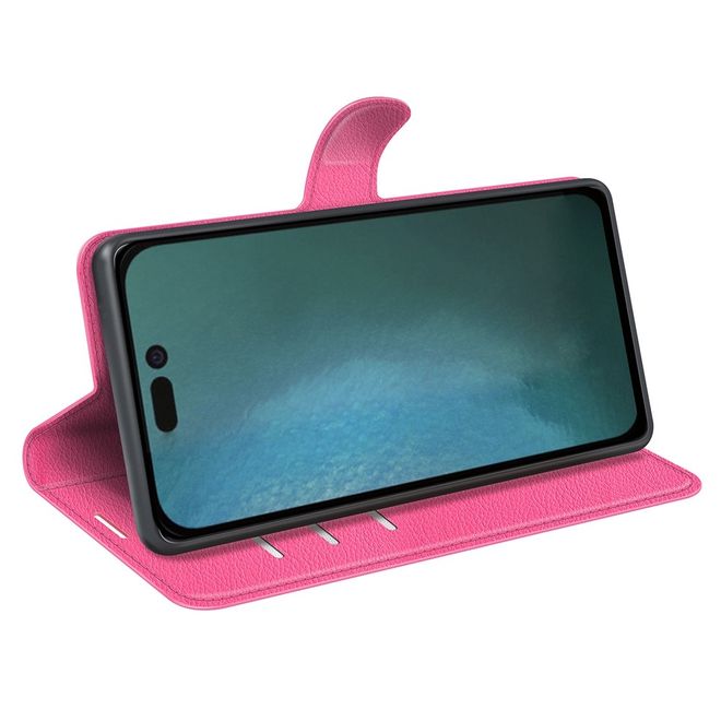 iPhone 14 Pro Handy Hülle - Litchi Leder Bookcover Series - pink
