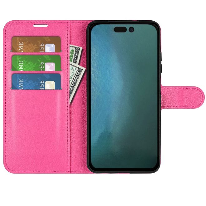 iPhone 14 Pro Handy Hülle - Litchi Leder Bookcover Series - pink