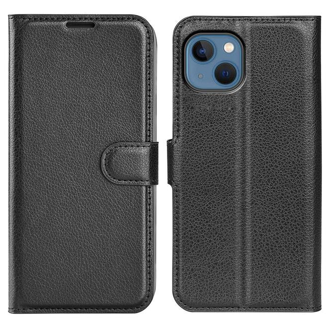 Étui pour iPhone 14 - Collection Litchi Leather Bookcover - Noir