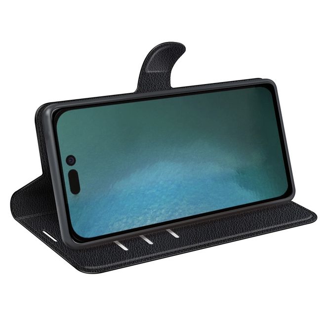 Étui pour iPhone 14 - Collection Litchi Leather Bookcover - Noir