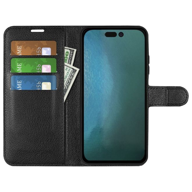 Étui pour iPhone 14 - Collection Litchi Leather Bookcover - Noir