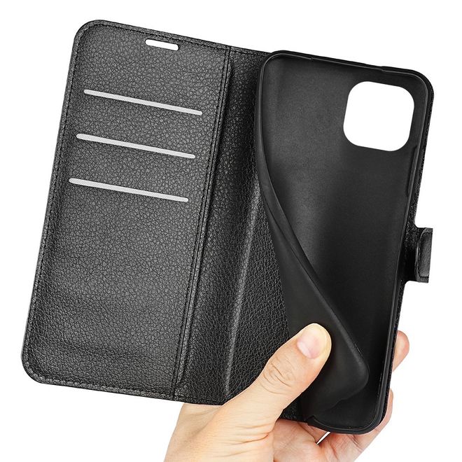 Étui pour iPhone 14 - Collection Litchi Leather Bookcover - Noir