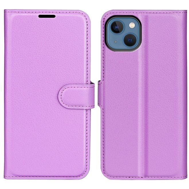 iPhone 14 Phone Case - Litchi Leather Bookcover Series - Purple