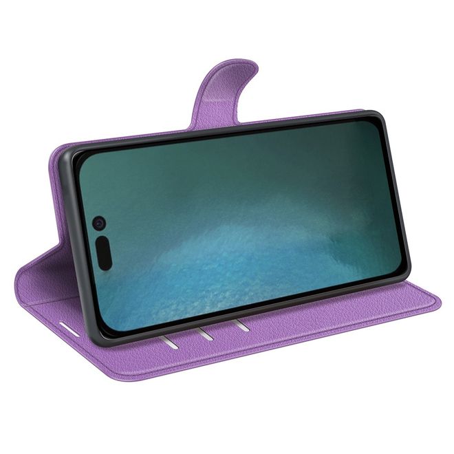 iPhone 14 Phone Case - Litchi Leather Bookcover Series - Purple