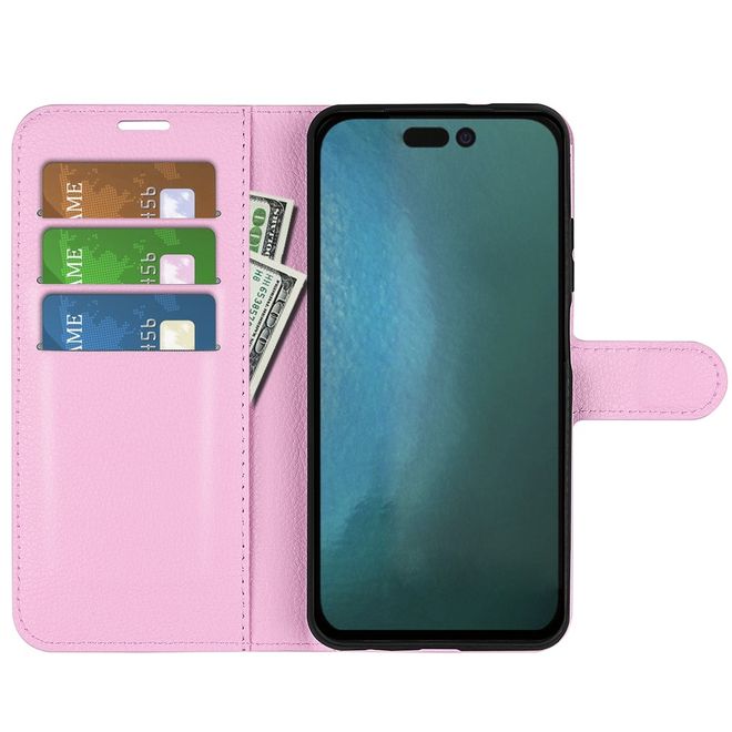 iPhone 14 Plus Handy Hülle - Litchi Leder Bookcover Series - rosa