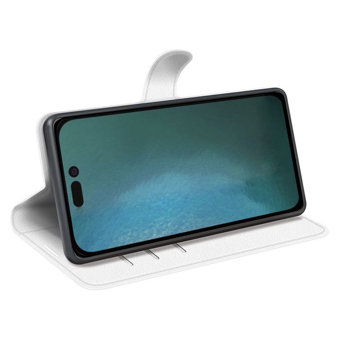iPhone 14 Plus Handy Hülle - Litchi Leder Bookcover Series - weiss