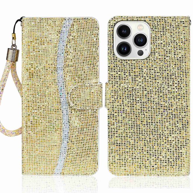 iPhone 14 Pro Handy Hülle - Glitzer Leder Bookcover - PU Leather Bling Series - gold