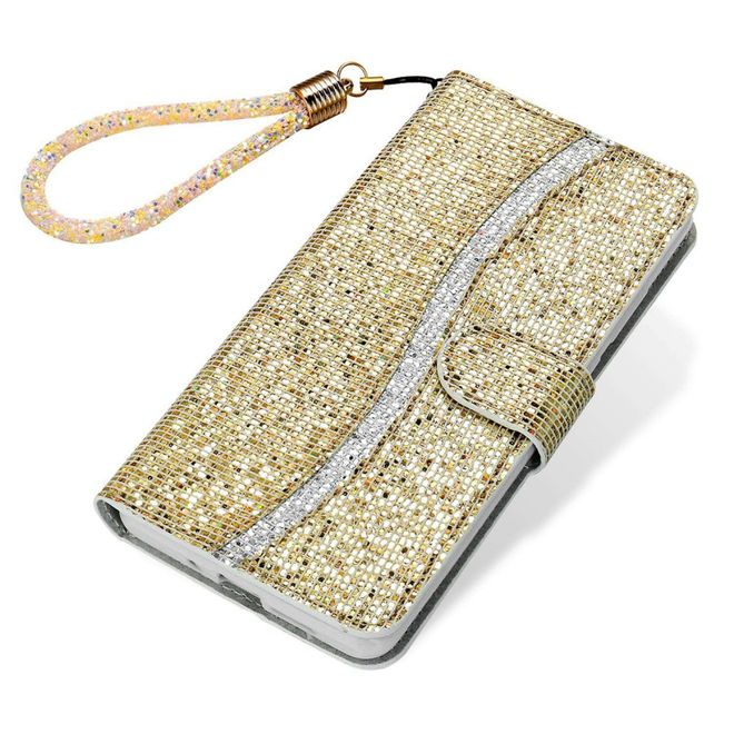 iPhone 14 Pro Handy Hülle - Glitzer Leder Bookcover - PU Leather Bling Series - gold