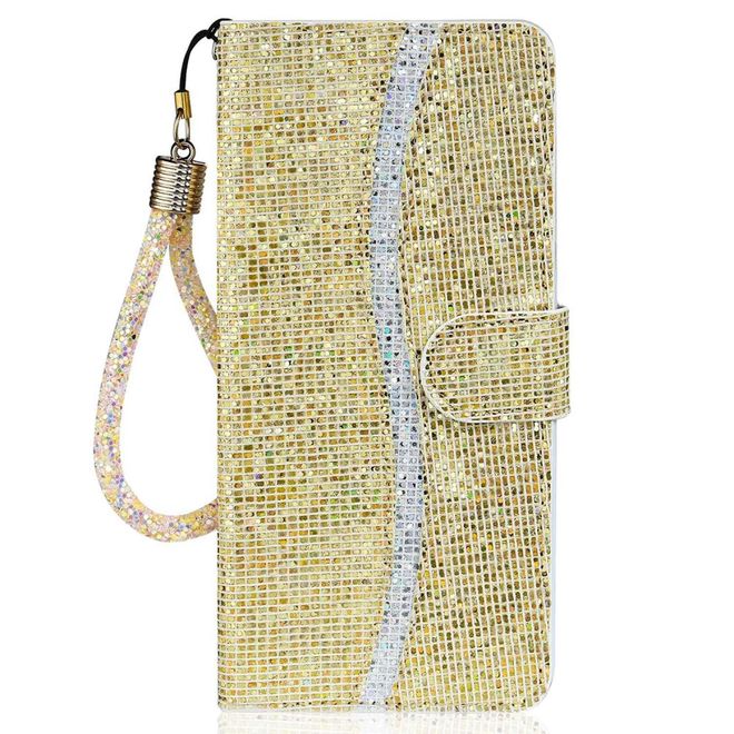 iPhone 14 Pro Handy Hülle - Glitzer Leder Bookcover - PU Leather Bling Series - gold