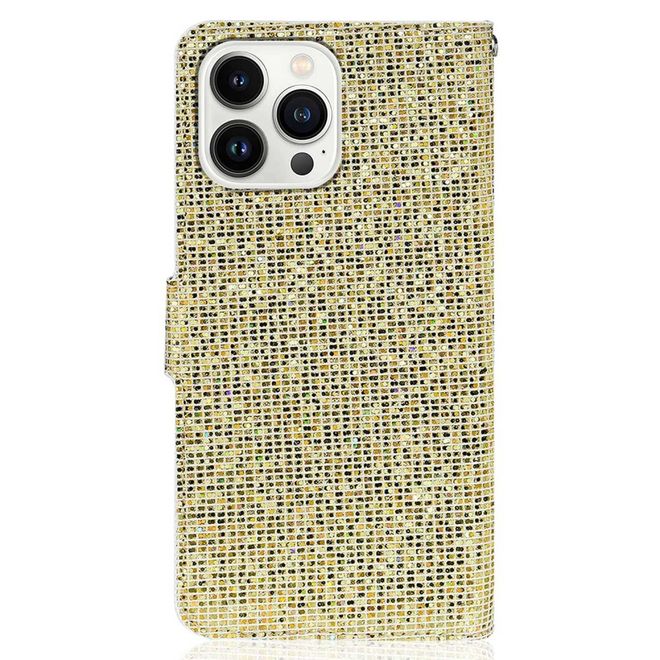 iPhone 14 Pro Handy Hülle - Glitzer Leder Bookcover - PU Leather Bling Series - gold